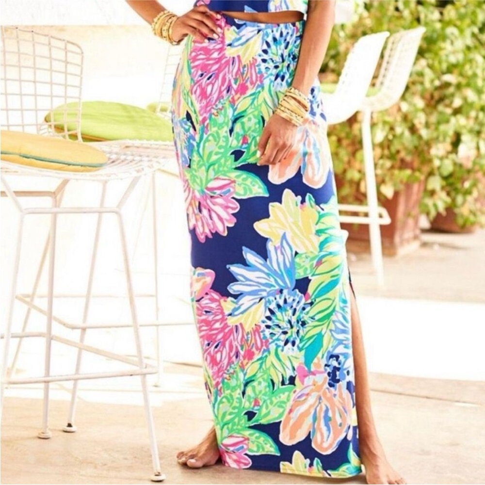 Lilly Pulitzer Navy Floral Maxi Skirt with Pink, Green, Yellow & Blue